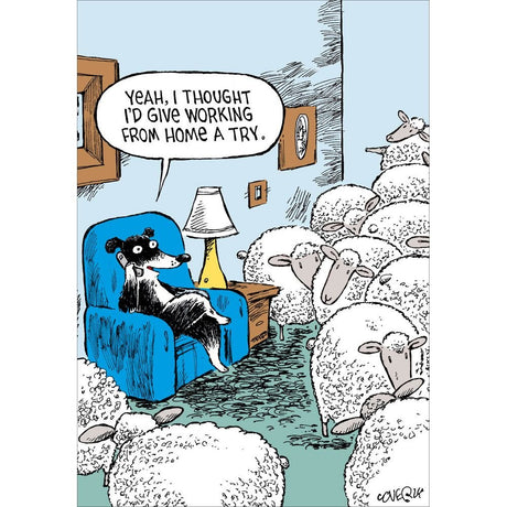 Woodmansterne Working From Home Sheep Dog Funny Blank Card - Old Railway Line Garden Centre