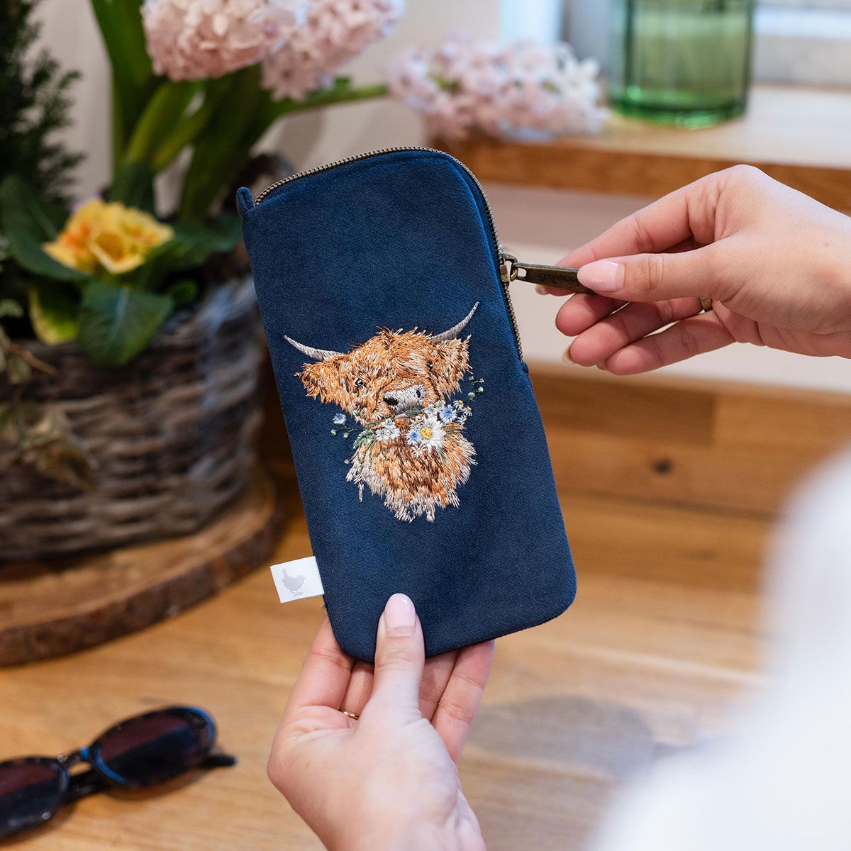 Wrendale 'Daisy Coo' Highland Cow Embroidered Glasses Pouch