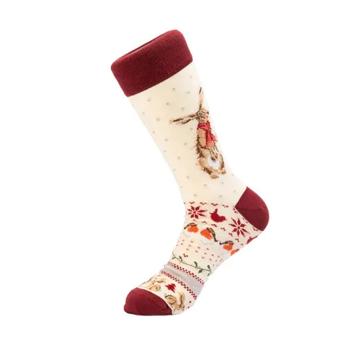 Wrendale Winter Hare Christmas Socks - Cream - 7-11