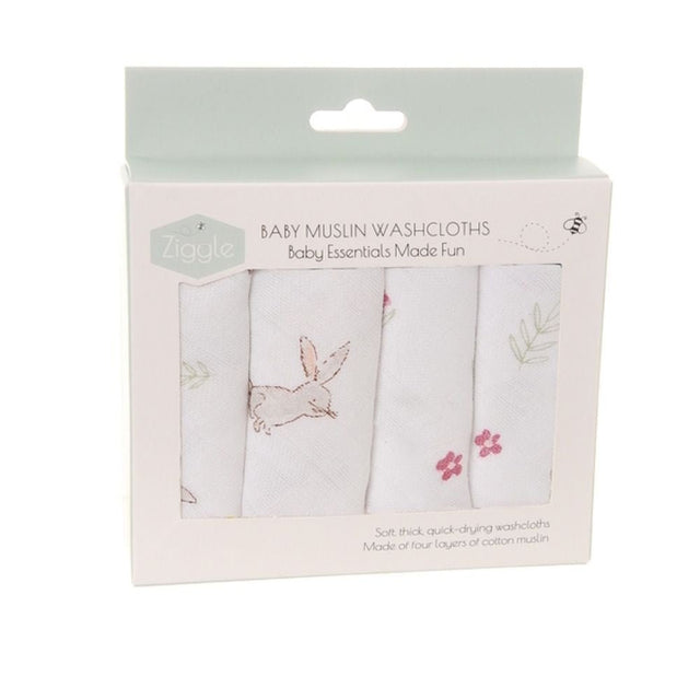 Ziggle Baby Cotton Muslin Bunnies Washcloths 4 Pack - Old Railway Line Garden Centre