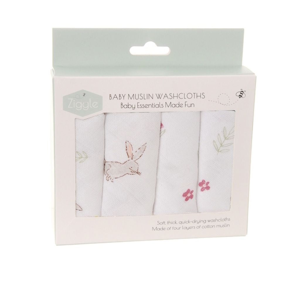 Ziggle Baby Cotton Muslin Bunnies Washcloths 4 Pack