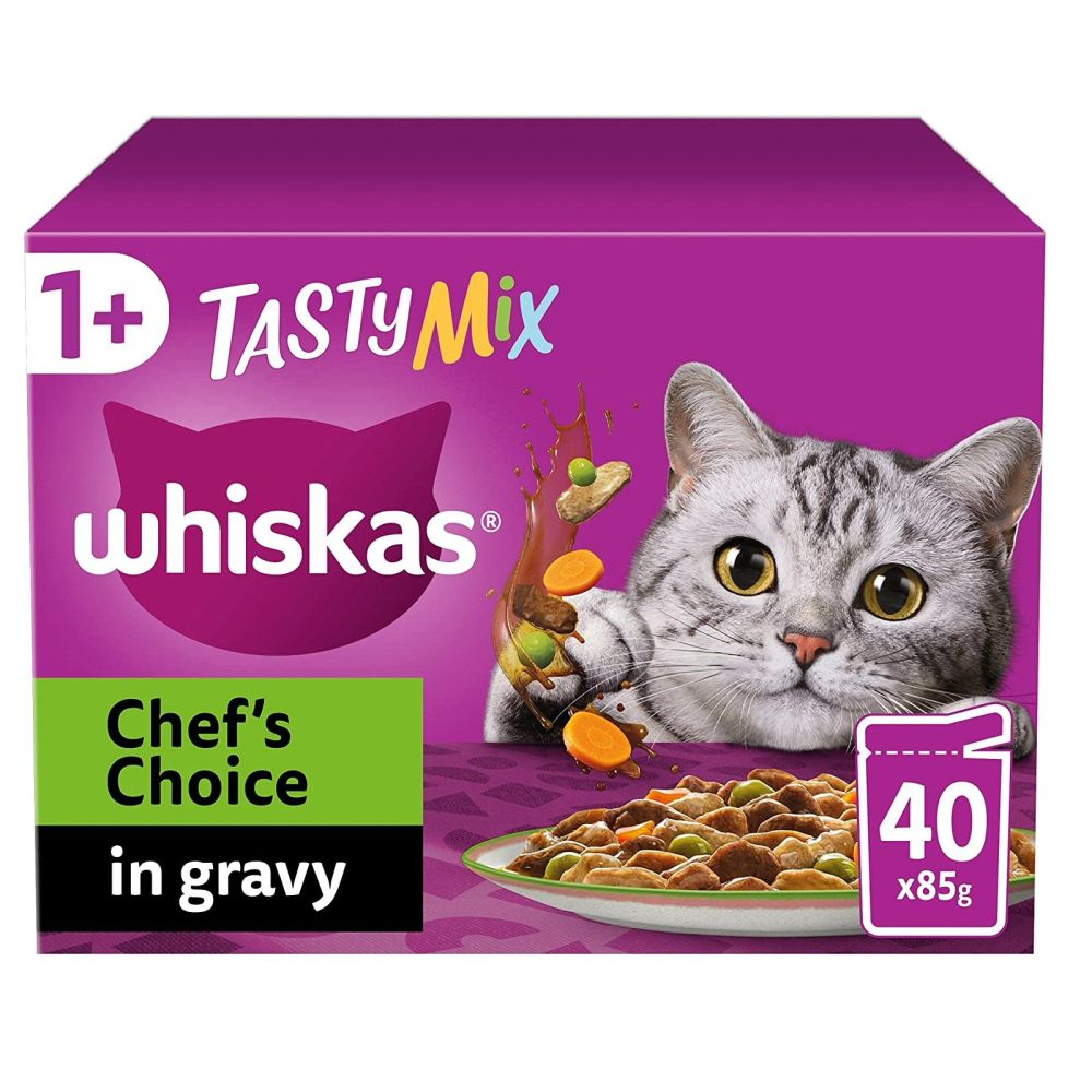Whiskas 40 x 85g Tasty Mix Veg Chef's Choice Adult Cat Food Pouches in Gravy