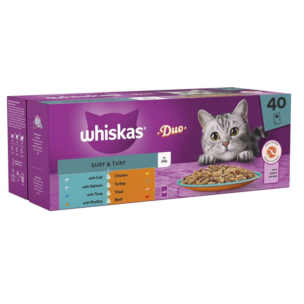 Whiskas 40 x 85g Surf & Turf Adult Cat Food Pouches in Jelly