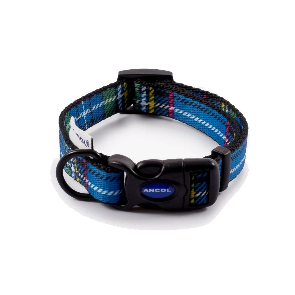 Ancol 45-70cm (Size 5-9) Blue Adjustable Tartan Nylon Dog Collar
