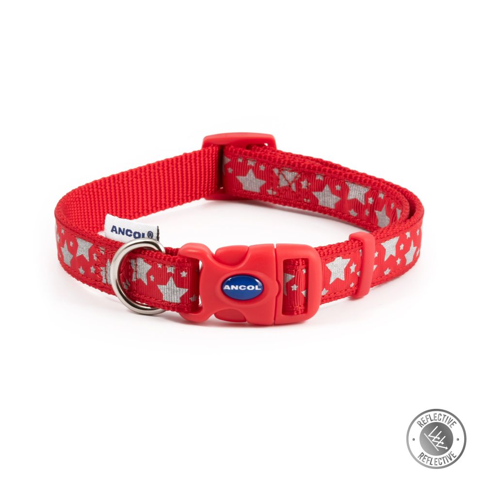 Ancol 45-70cm (Size 5-9) Red Adjustable Reflective Stars Dog Collar