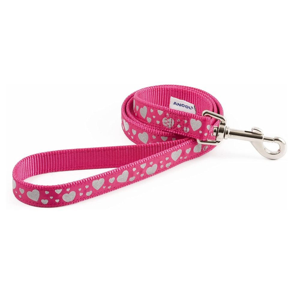 Ancol Fashion 1m x 19mm Pink Reflective Hearts Adjustable Dog Lead