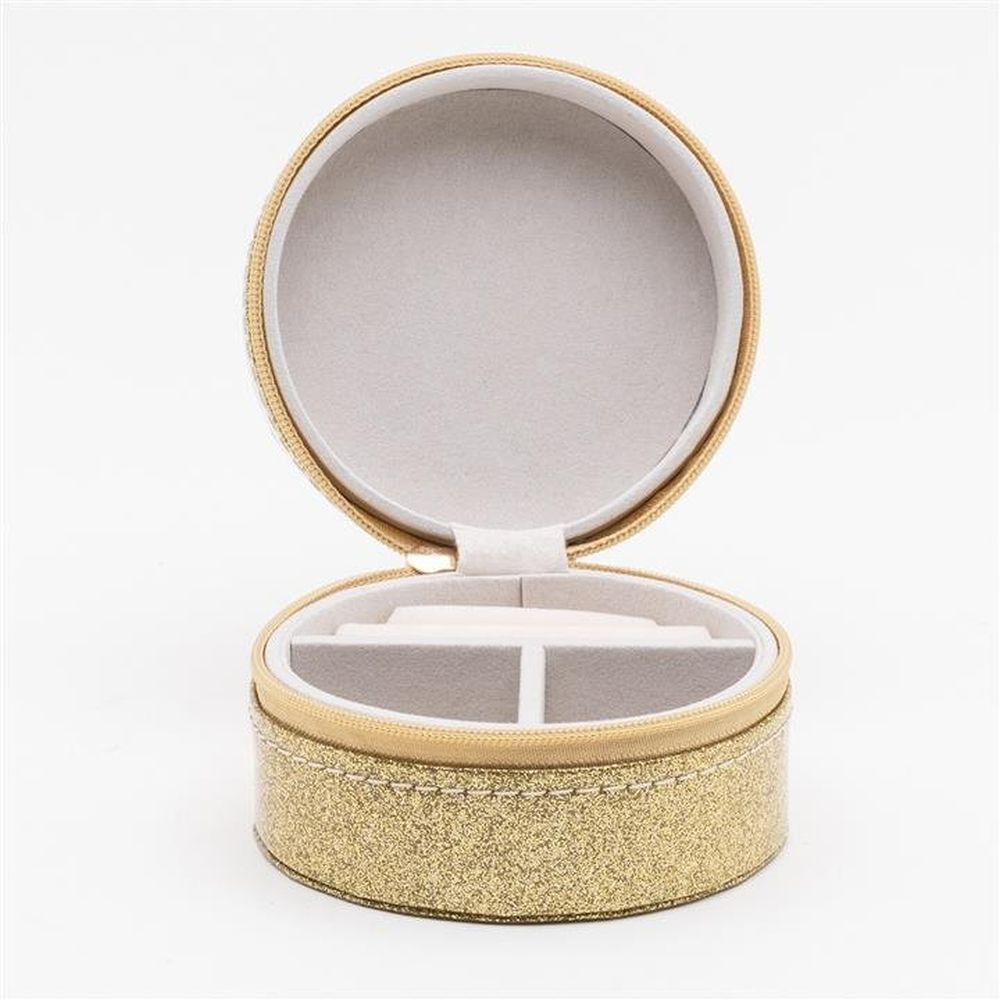 Sophia Gold Glitter Leatherette Round Jewellery Box