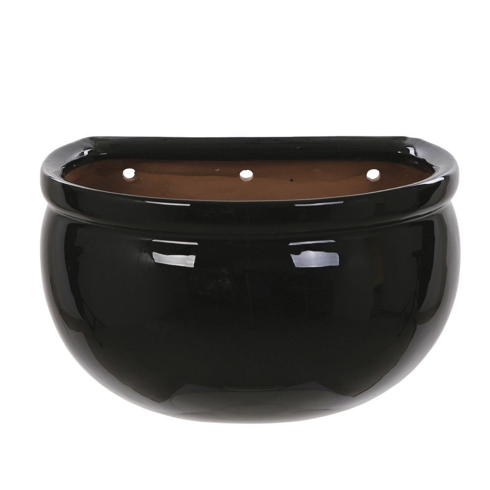 Woodlodge 26cm Black Glazed Blossom Wall Pot