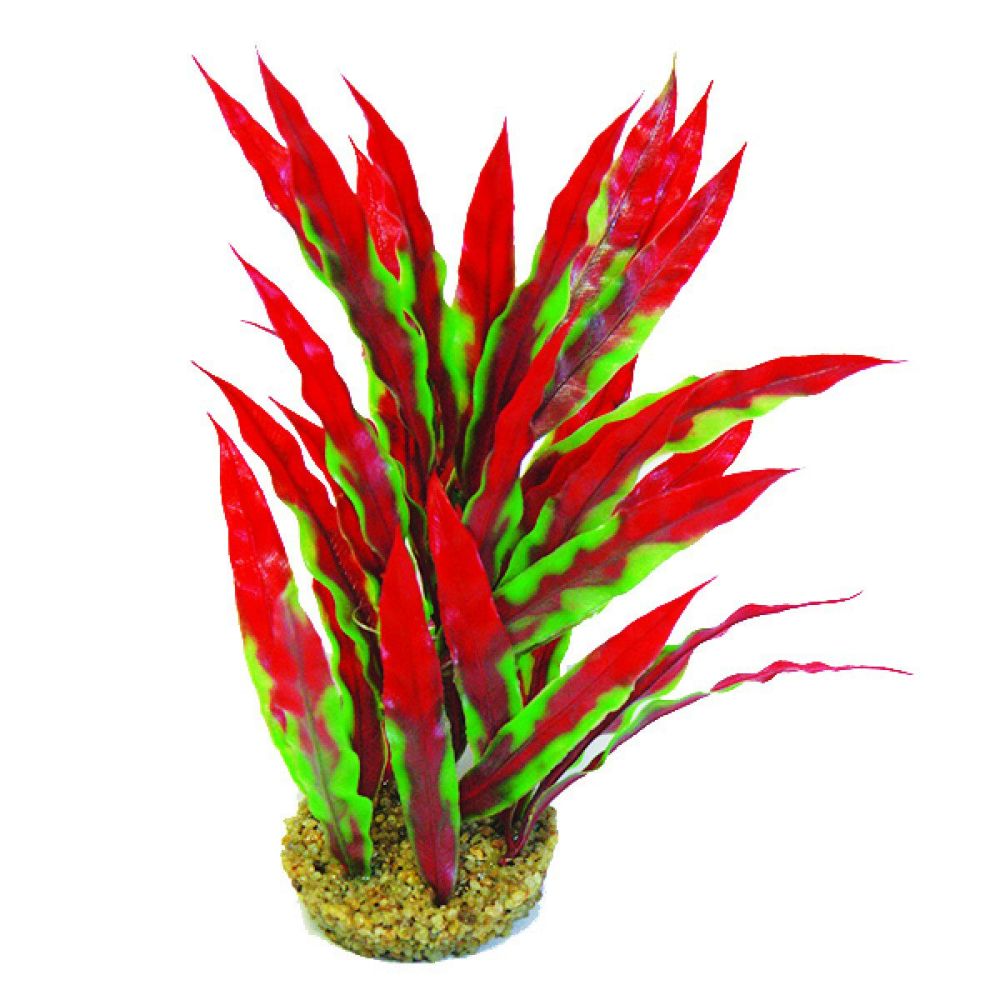 Betta 10" Green & Red Plastic Plant With Sand Base