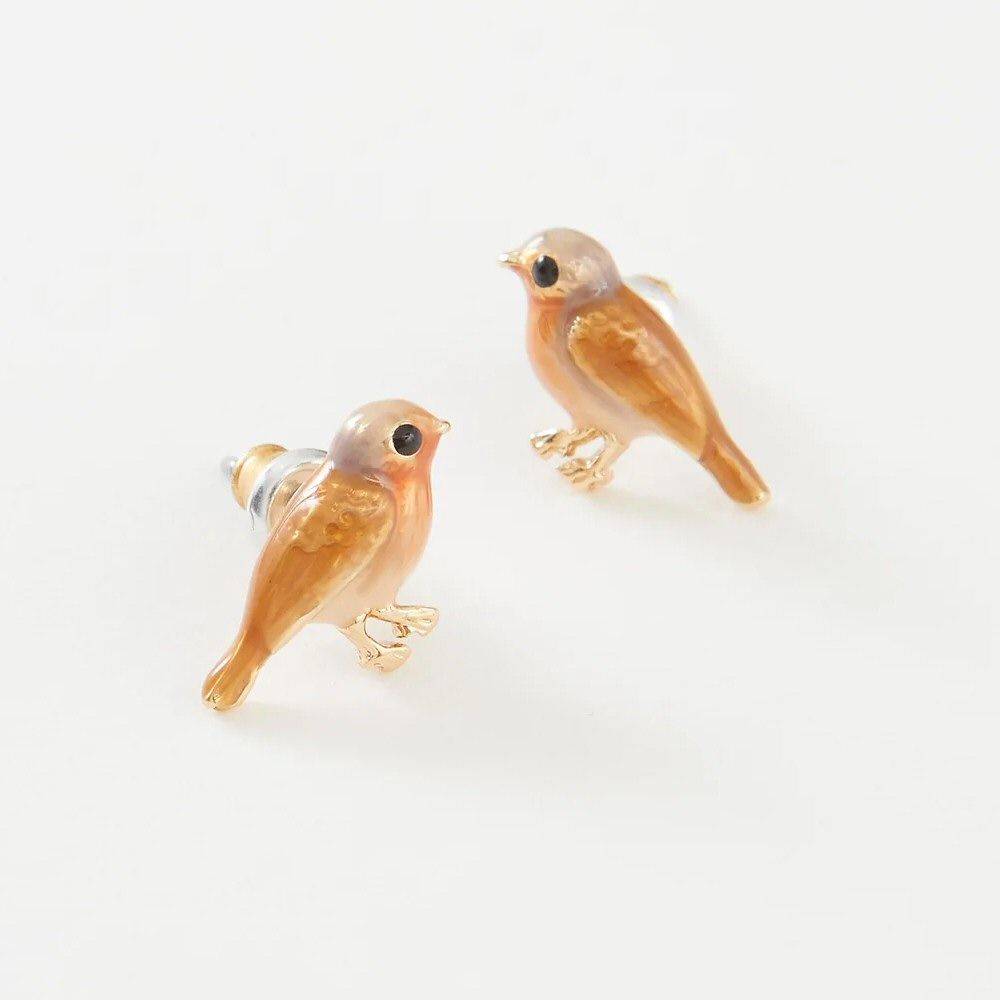 Fable England 1cm Gold Plated Robin Stud Earrings