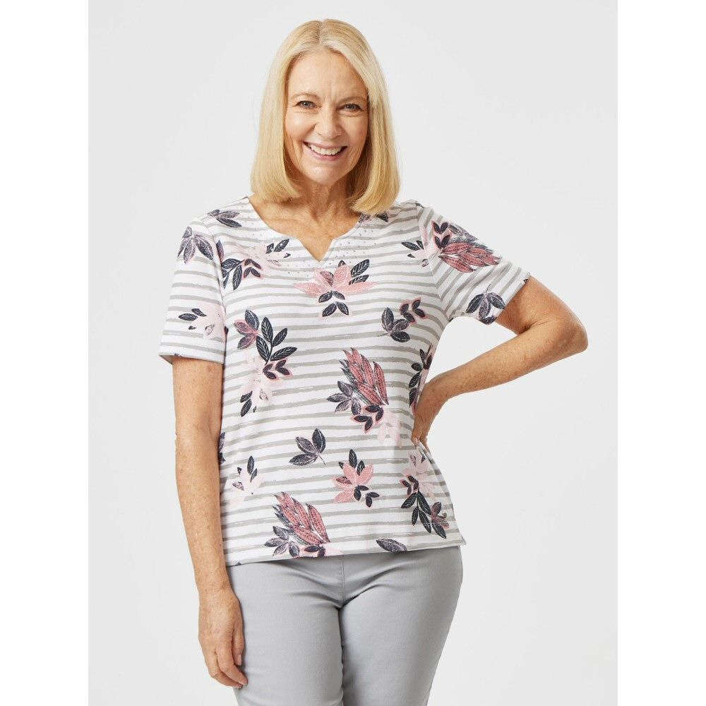 Tigi 14/16 White Floral & Stripe Print Notch Neck Top – Old Railway ...