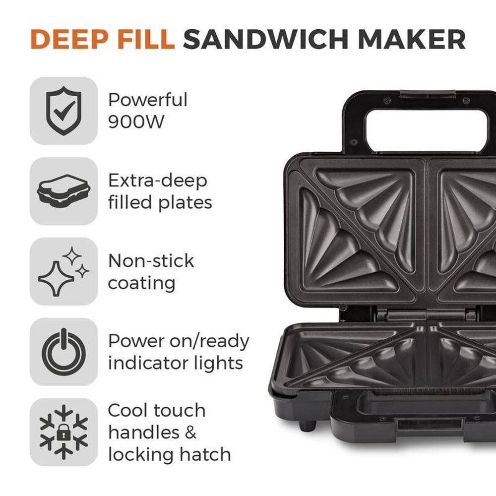 Tower 900W Deep Fill Sandwich Maker - Stainless Steel
