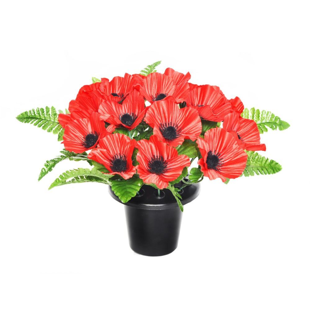 Sincere Floral 25cm Artificial Red Poppy Fern Grave Pot