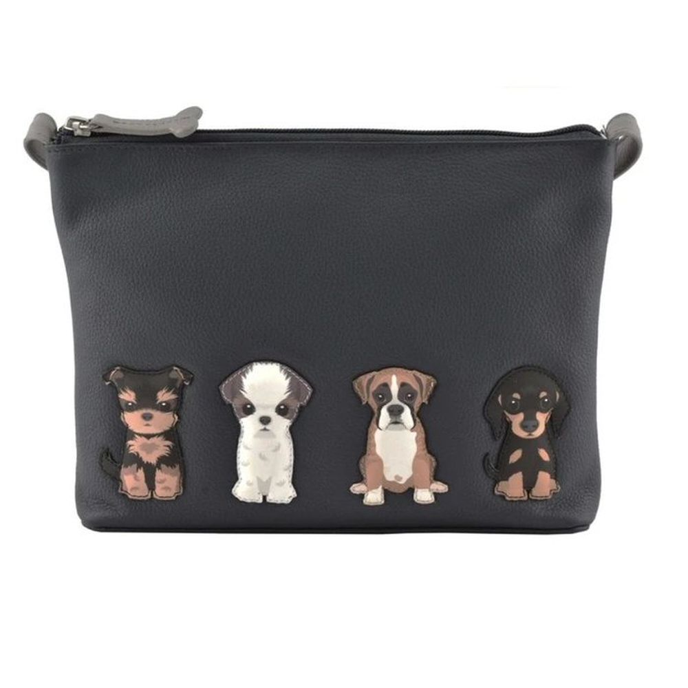 Mala Leather Grey Best Friends Sitting Dogs Midi Cross Body Bag