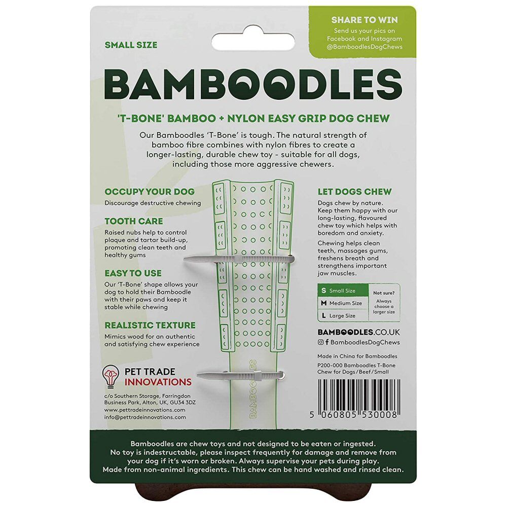 Bamboodles Small T-Bone Bamboo & Nylon Peanut Butter Flavour Dog Chew
