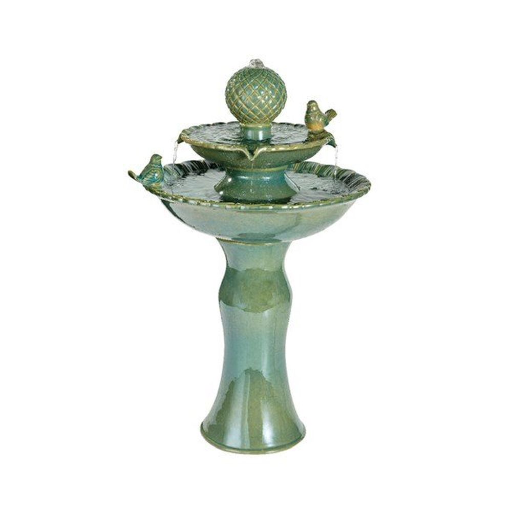 Lumineo 67cm Green Ceramic Two-Tier Bird Basin Water Fountain