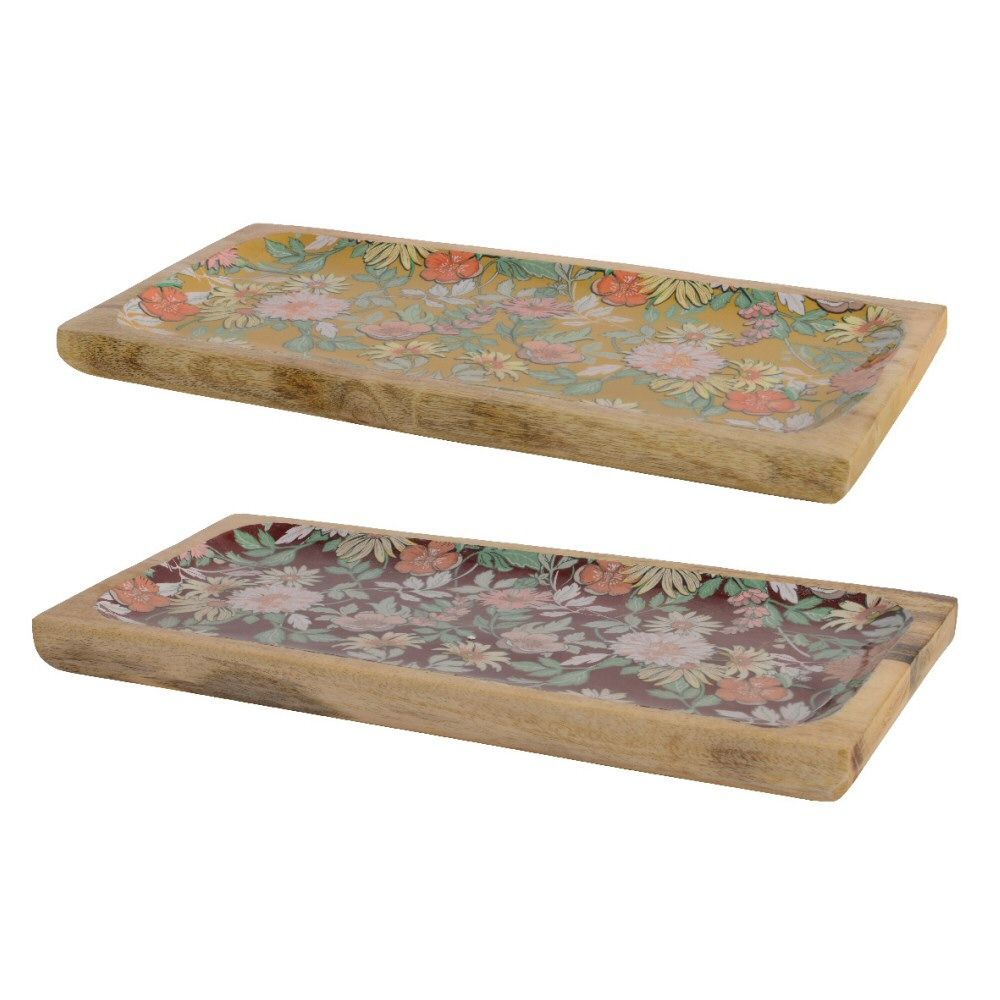 Kaemingk 40cm Mango-Wood Plate with Floral Enamel (Choice of 2)