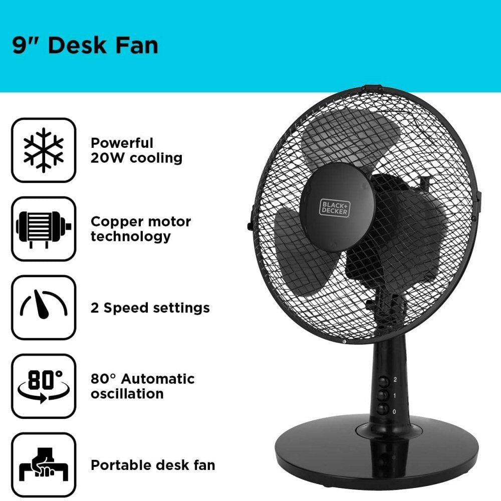 Black + Decker 9" Black 20W Desk Fan - Old Railway Line Garden Centre