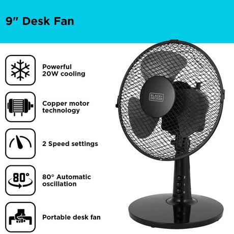 Black + Decker 9" Black 20W Desk Fan - Old Railway Line Garden Centre