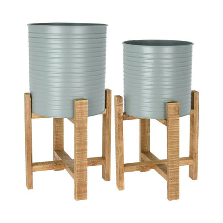 Koopman 58cm Olive Green Steel Planter With Wooden Stand - Old Railway Line Garden Centre