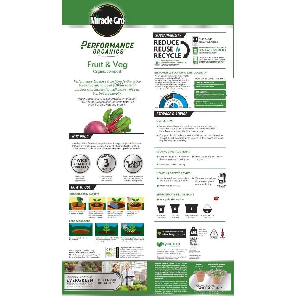 Miracle - Gro 40L Performance Peat Free Organic Fruit & Veg Compost - Old Railway Line Garden Centre