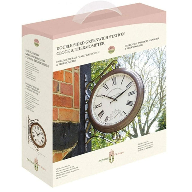 Outside In 15" Greenwich Station Wall Clock & Thermometer - Old Railway Line Garden Centre