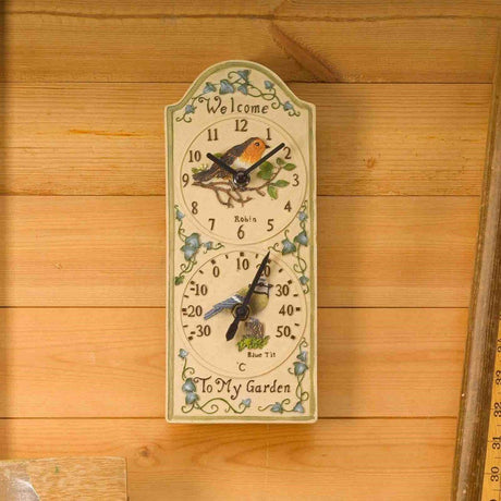 Outside In 28cm Birdberry Wall Clock & Thermometer - Old Railway Line Garden Centre