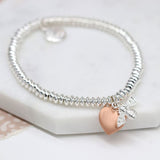 POM 10mm Silver Plated Fine Bead Bracelet with Rose Gold Heart and Bee - Old Railway Line Garden Centre