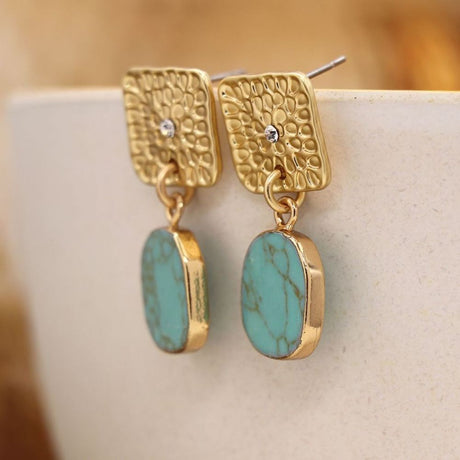 POM Golden Embossed Square and Turquoise Drop Earrings - Old Railway Line Garden Centre
