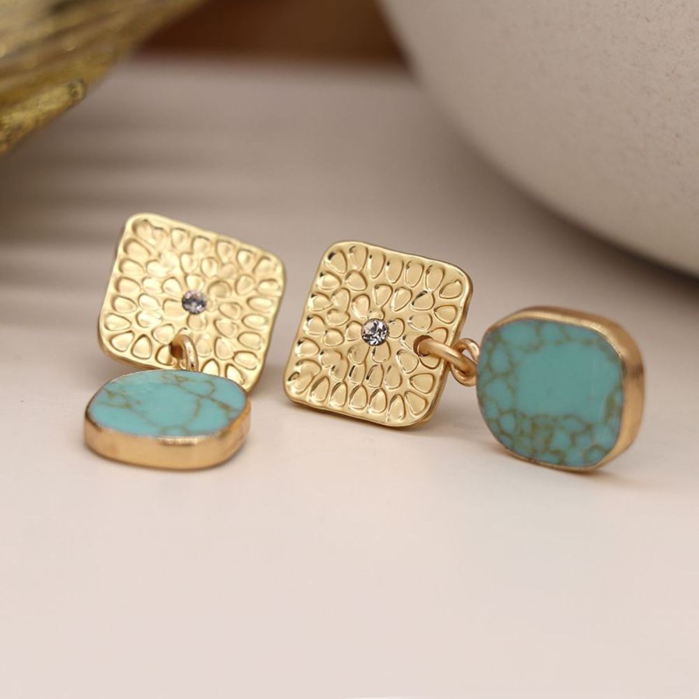 POM Golden Embossed Square and Turquoise Drop Earrings - Old Railway Line Garden Centre