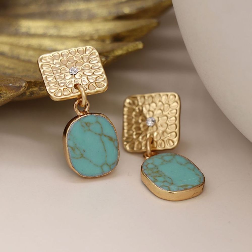 POM Golden Embossed Square and Turquoise Drop Earrings - Old Railway Line Garden Centre
