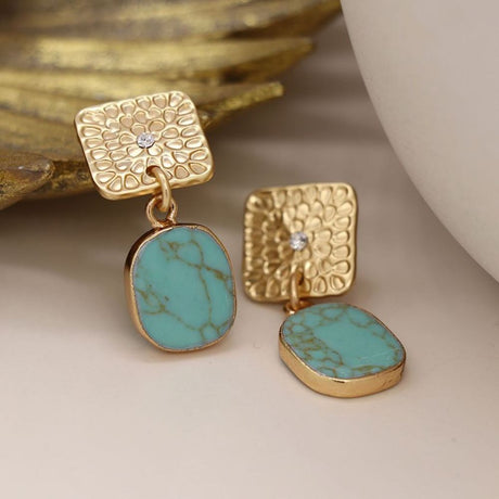 POM Golden Embossed Square and Turquoise Drop Earrings - Old Railway Line Garden Centre