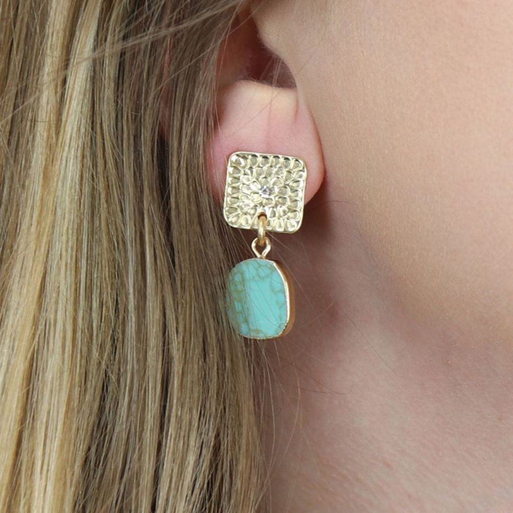 POM Golden Embossed Square and Turquoise Drop Earrings - Old Railway Line Garden Centre