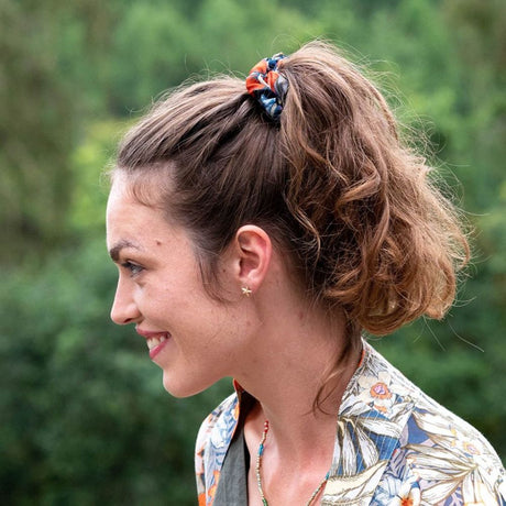 POM Orange and Grey Botanical and Plain Mix Scrunchie Duo - Old Railway Line Garden Centre