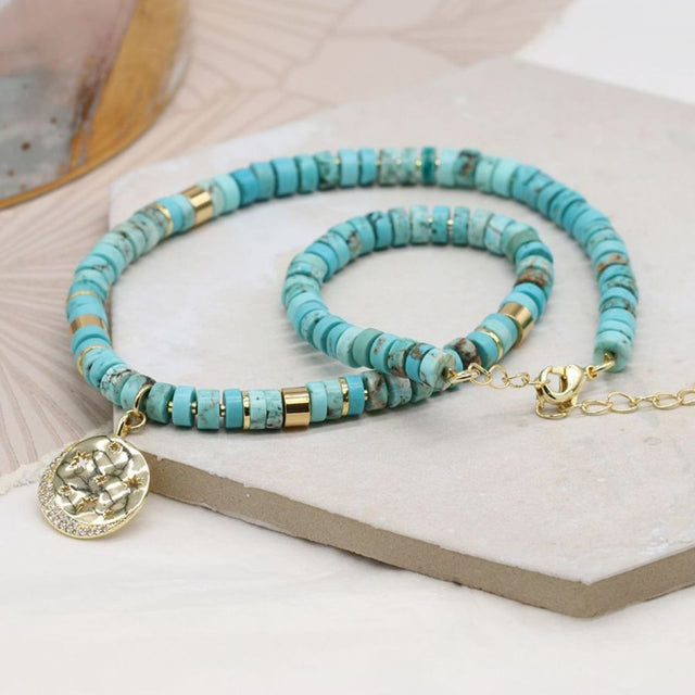 POM Turquoise Bead Necklace With Golden Star Disc Pendant - Old Railway Line Garden Centre