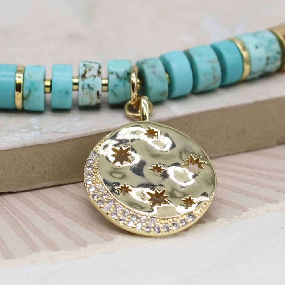 POM Turquoise Bead Necklace With Golden Star Disc Pendant - Old Railway Line Garden Centre