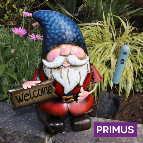 Primus 31cm Metal Gnome with 'Welcome' Sign - Old Railway Line Garden Centre