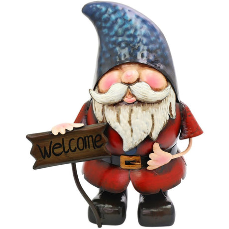 Primus 31cm Metal Gnome with 'Welcome' Sign - Old Railway Line Garden Centre