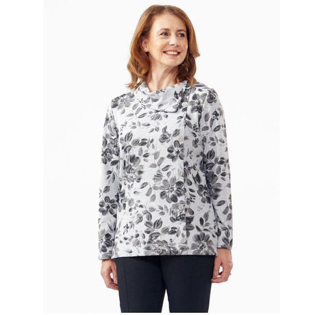 TIGI 14/16 Greys Leaf Print Split Cowl Neck Top - Old Railway Line Garden Centre