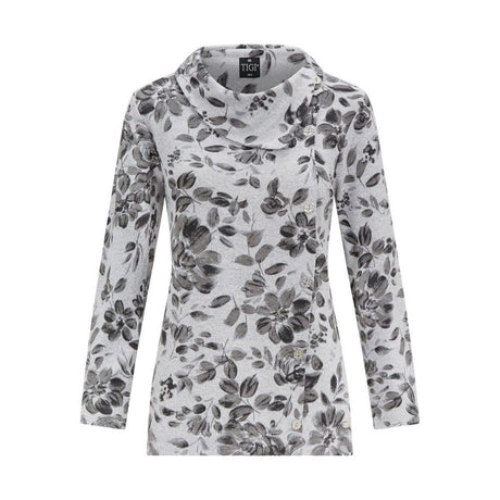 TIGI 22/24 Greys Leaf Print Split Cowl Neck Top - Old Railway Line Garden Centre