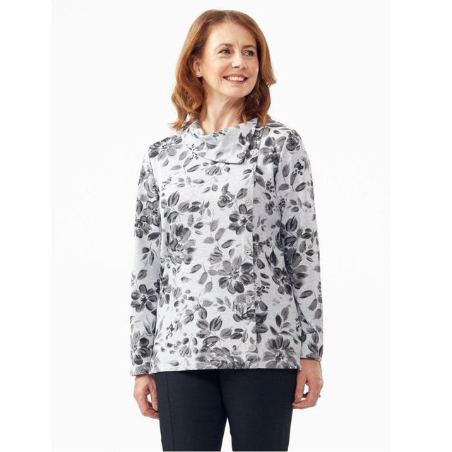 TIGI 22/24 Greys Leaf Print Split Cowl Neck Top - Old Railway Line Garden Centre