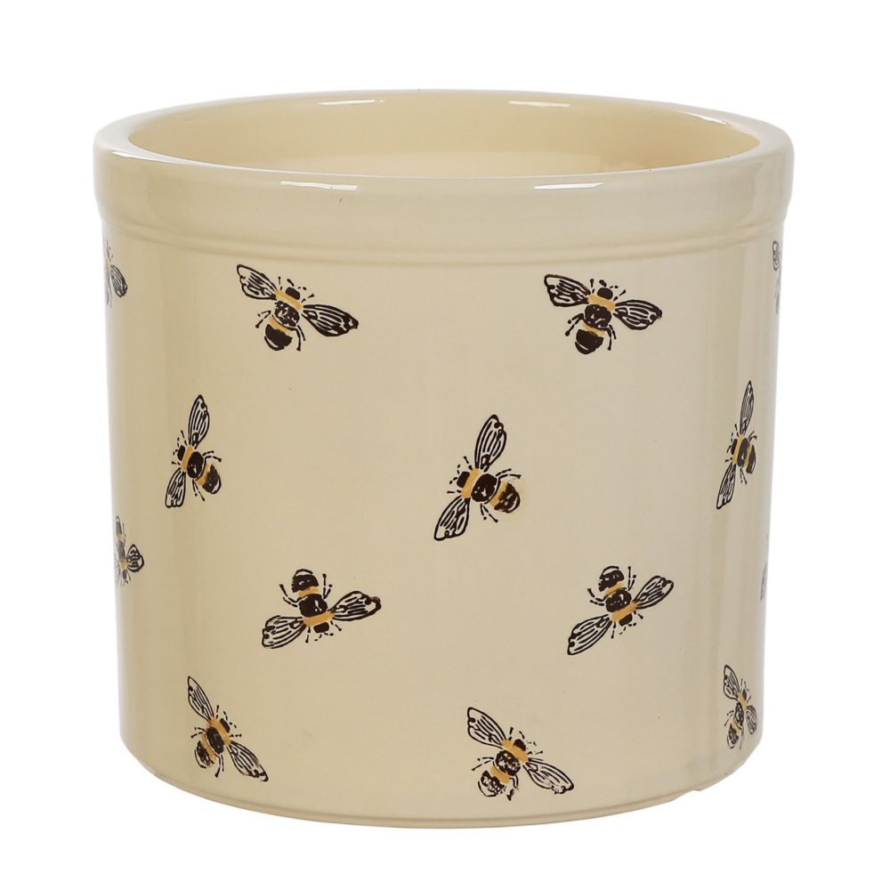 Woodlodge 20cm Bumble Bee Cream Glazed Cylinder Planter - Old Railway Line Garden Centre